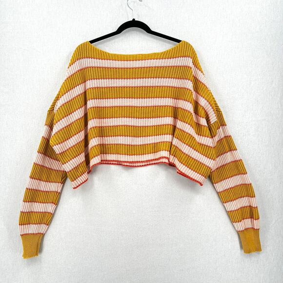 FREE PEOPLE Just My Striped Pullover Sweater Womens Small Yellow Pink Cropped - Picture 5 of 14